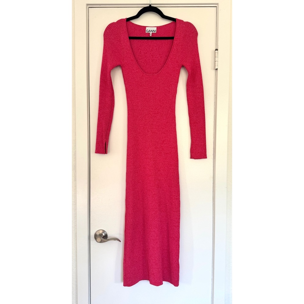 Ganni Pink Ribbed Midi Dress